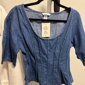 H&M Blue Denim Scoop-Neck Short Sleeve Corset-Style Top